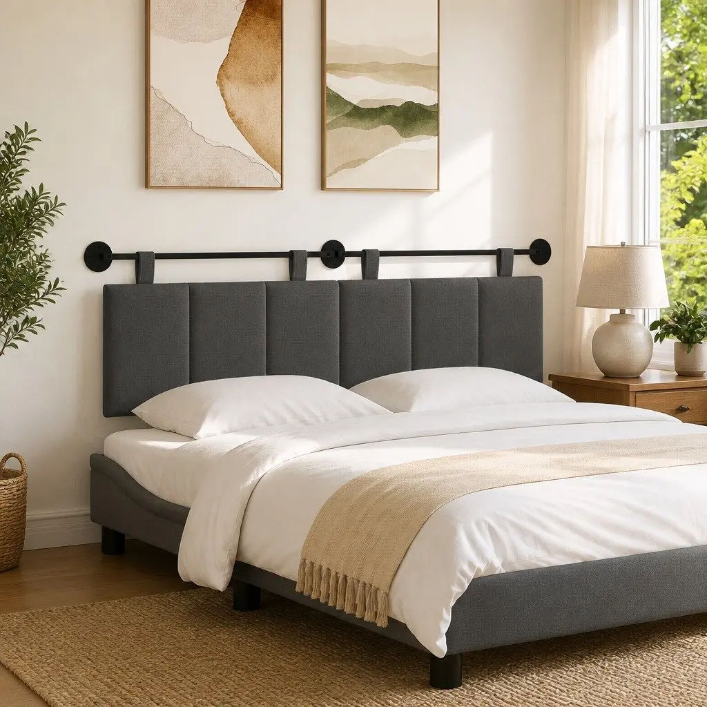 Upholstered Wall Mounted Headboard in Modern Grey Stripes