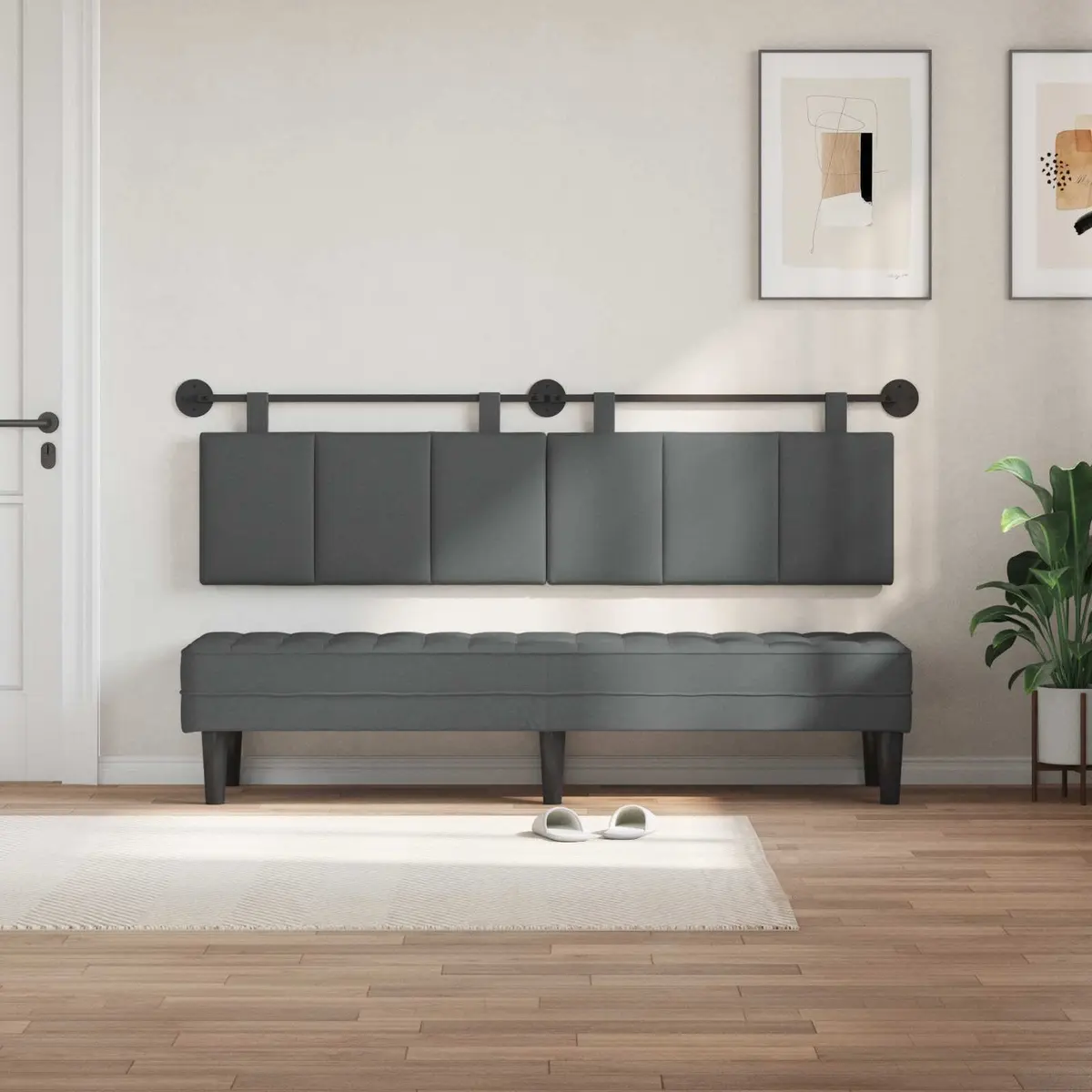 Upholstered Wall Mounted Headboard in Modern Grey Stripes