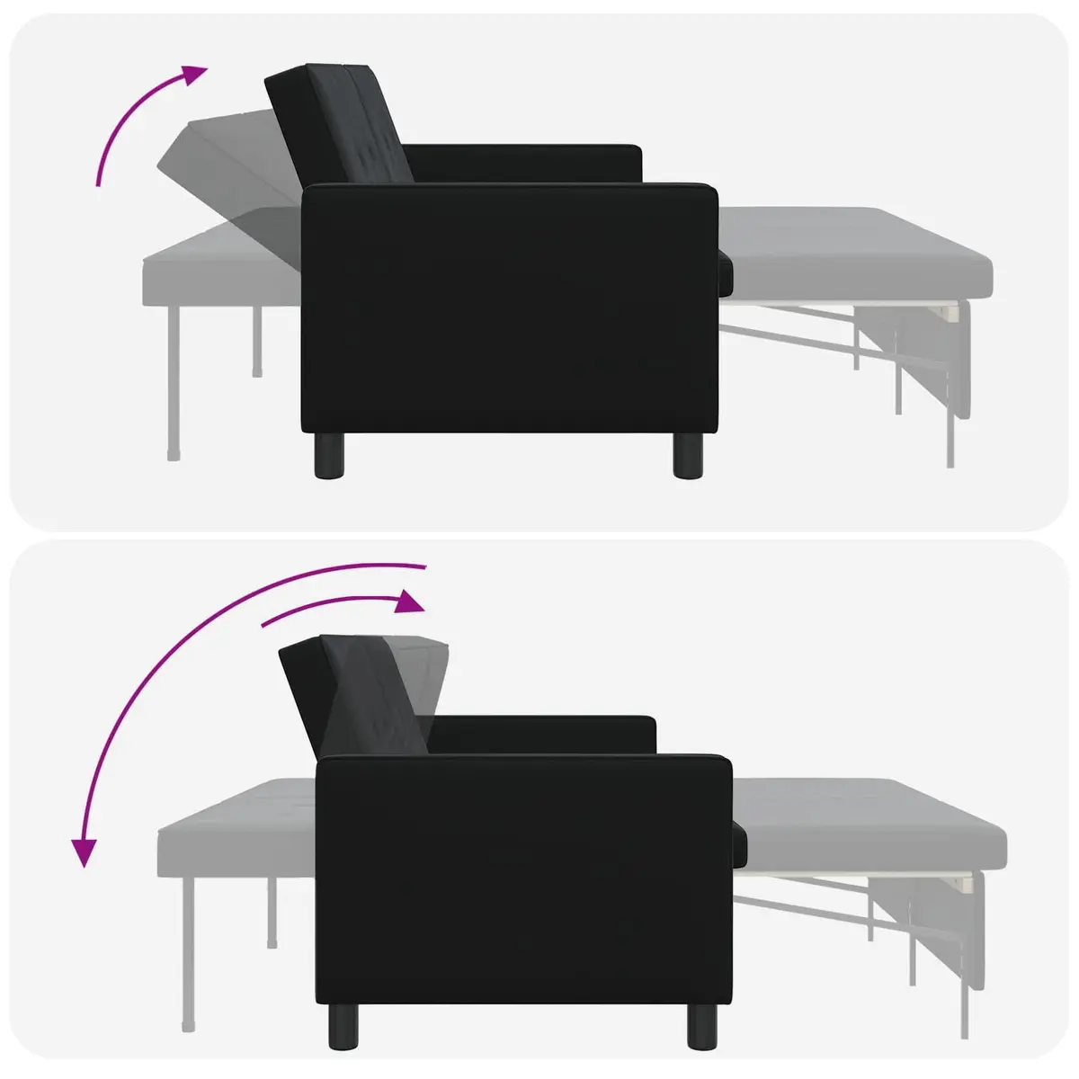 Sofa Bed Black Fabric Compact Modern Adjustable Backrest Pull-Out Mechanism