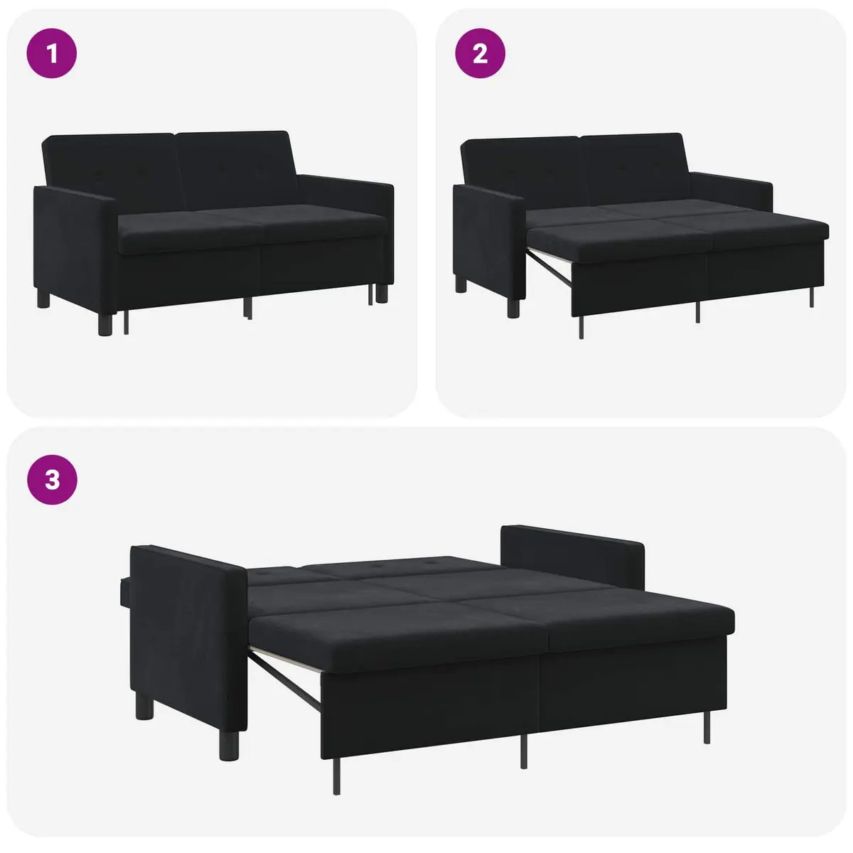 Sofa Bed Black Fabric Compact Modern Adjustable Backrest Pull-Out Mechanism