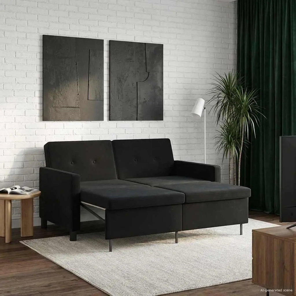 Sofa Bed Black Fabric Compact Modern Adjustable Backrest Pull-Out Mechanism