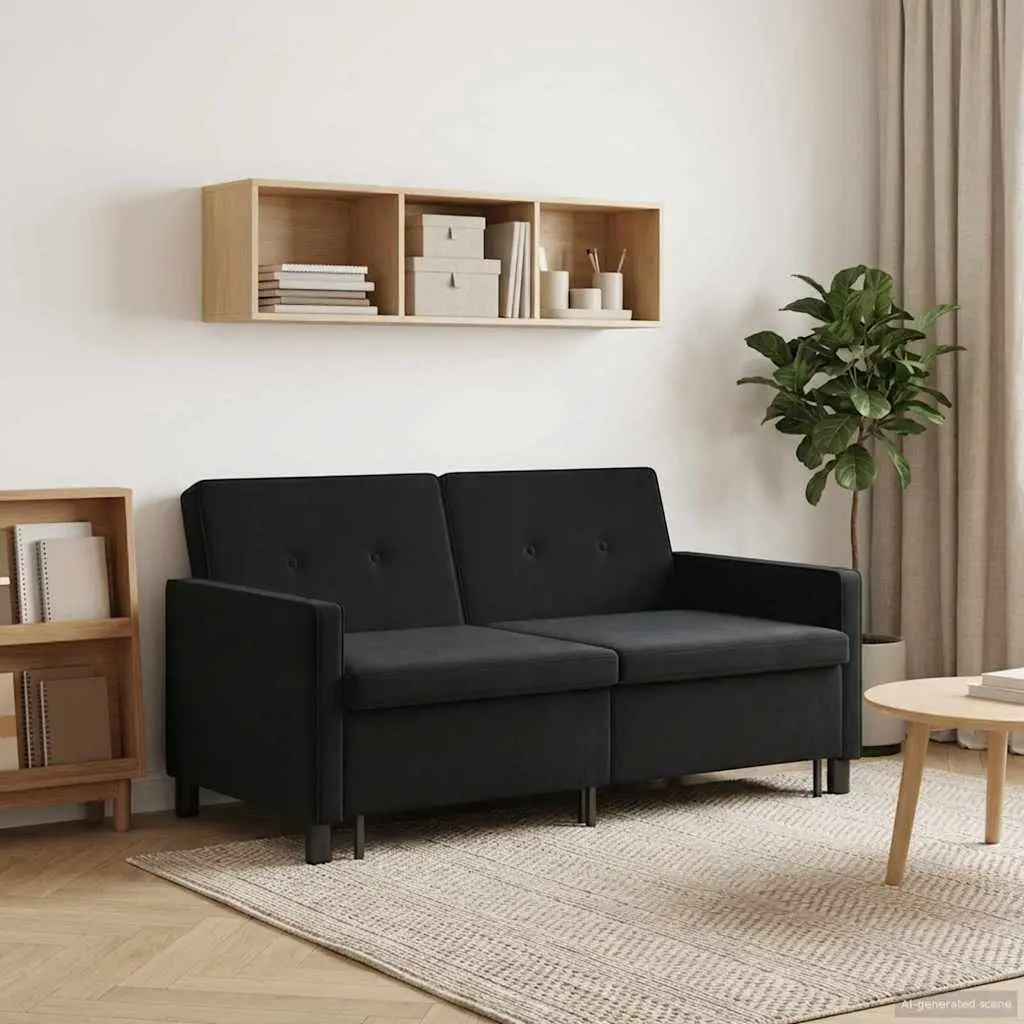 Sofa Bed Black Fabric Compact Modern Adjustable Backrest Pull-Out Mechanism