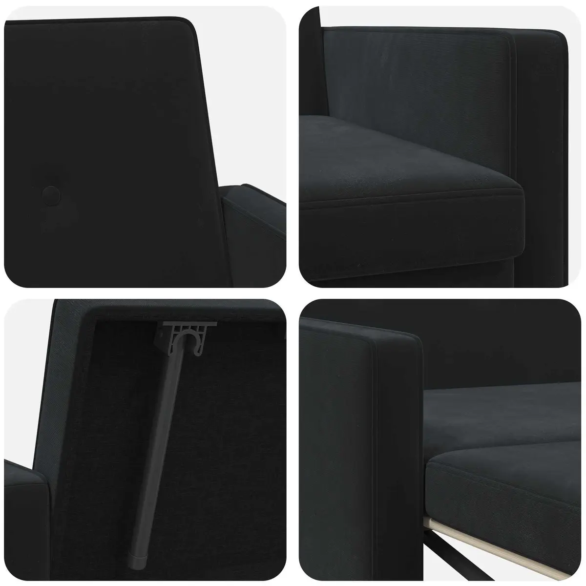 Sofa Bed Black Fabric Compact Modern Adjustable Backrest Pull-Out Mechanism