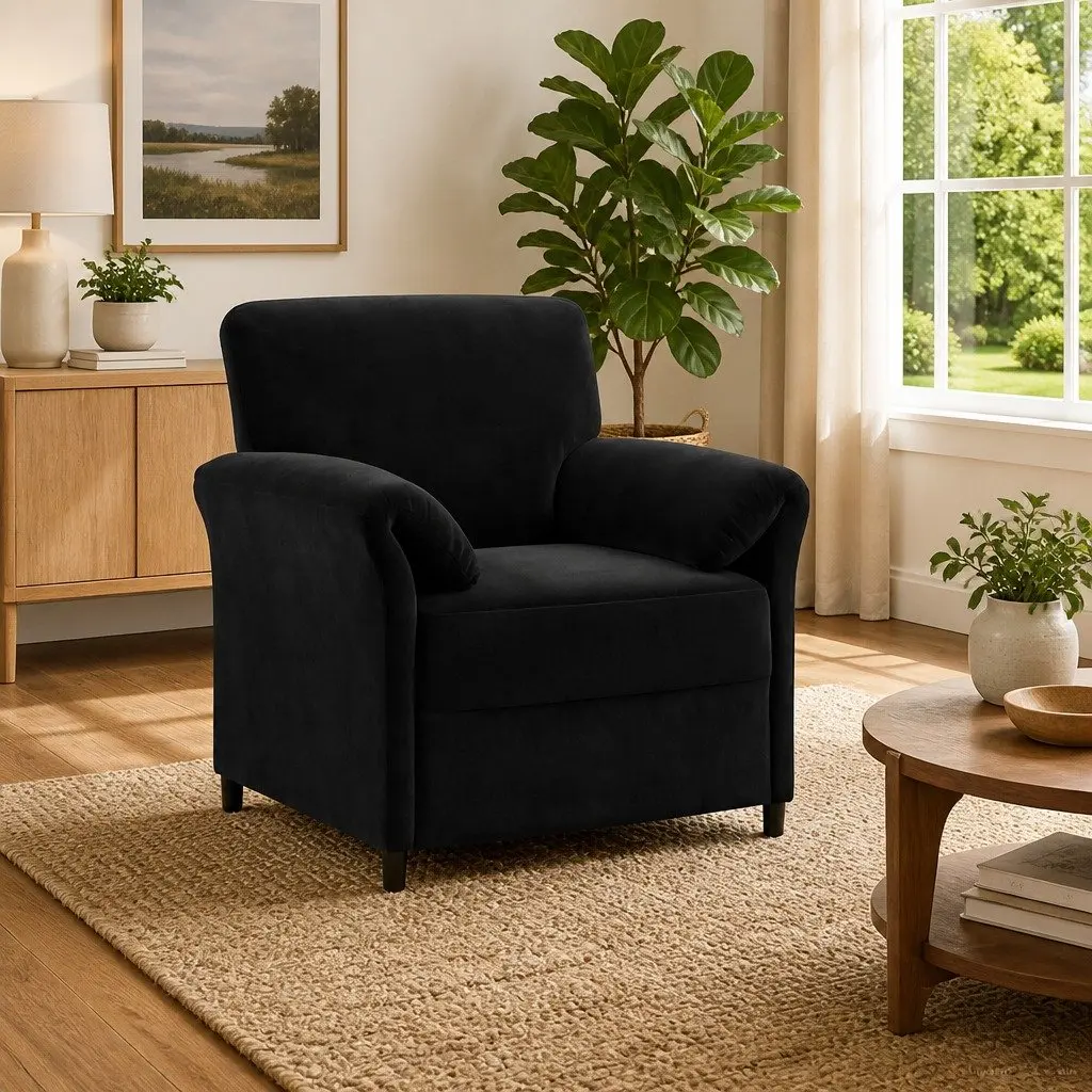 1-Seater Sofa Black Modern Living Room Couch Velvet Lounge Chair 88x83x95cm