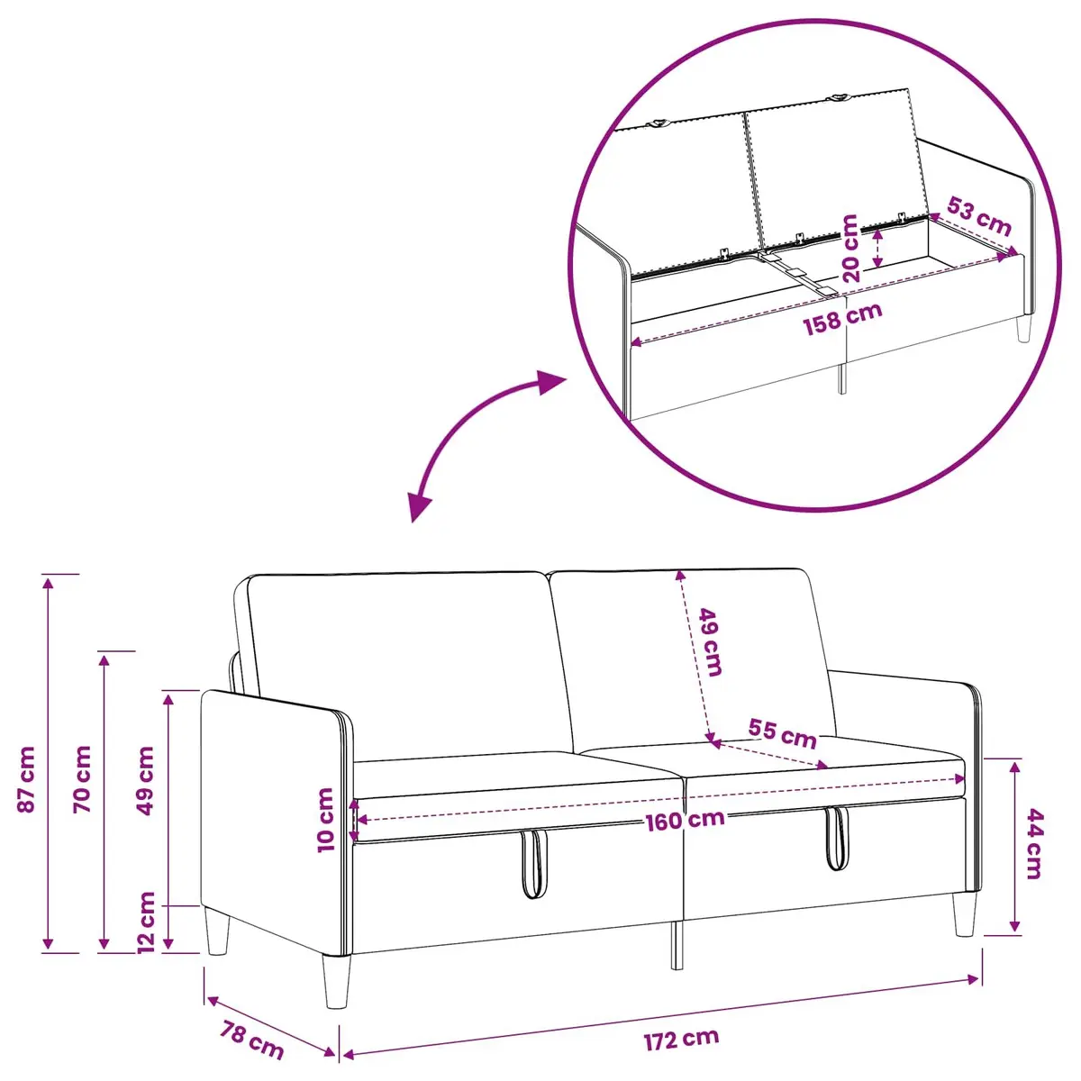 Storage Sofa Black Modern 172x78x87cm Polyester Metal Engineered Wood