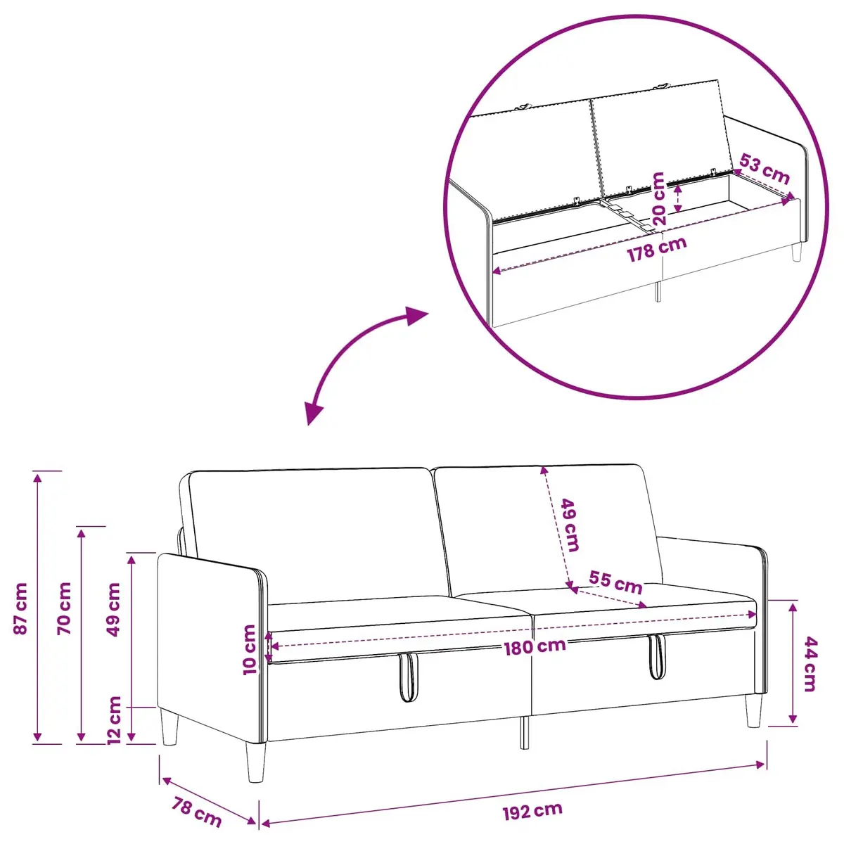 Storage Sofa Black Modern Lift-Up Seat Design Living Room Furniture 192x78x87cm