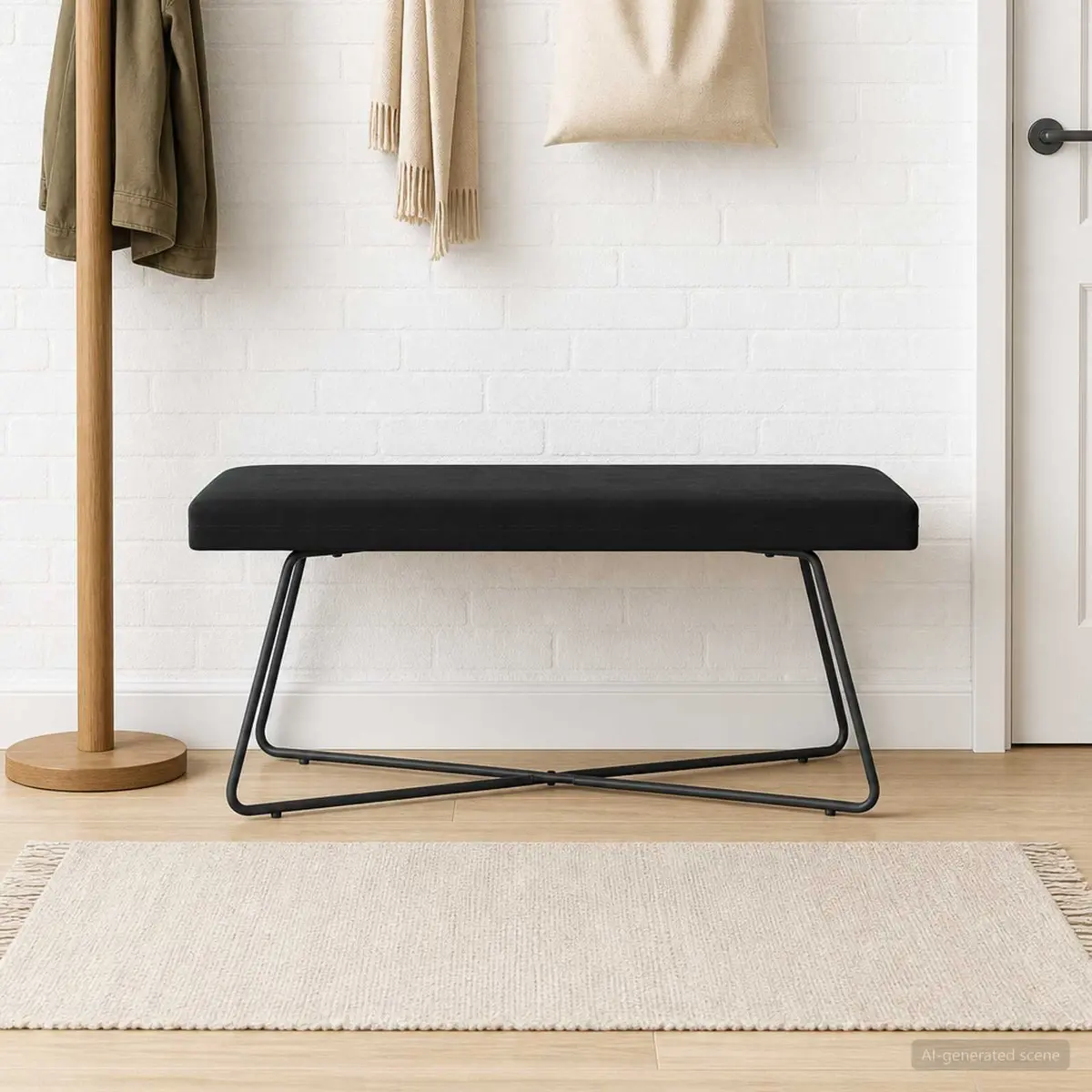 Modern Bench Black Velvet Upholstery Engineered Wood Frame Cross Leg Design
