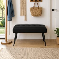 Elegant Button Tufted Bench in Black Velvet