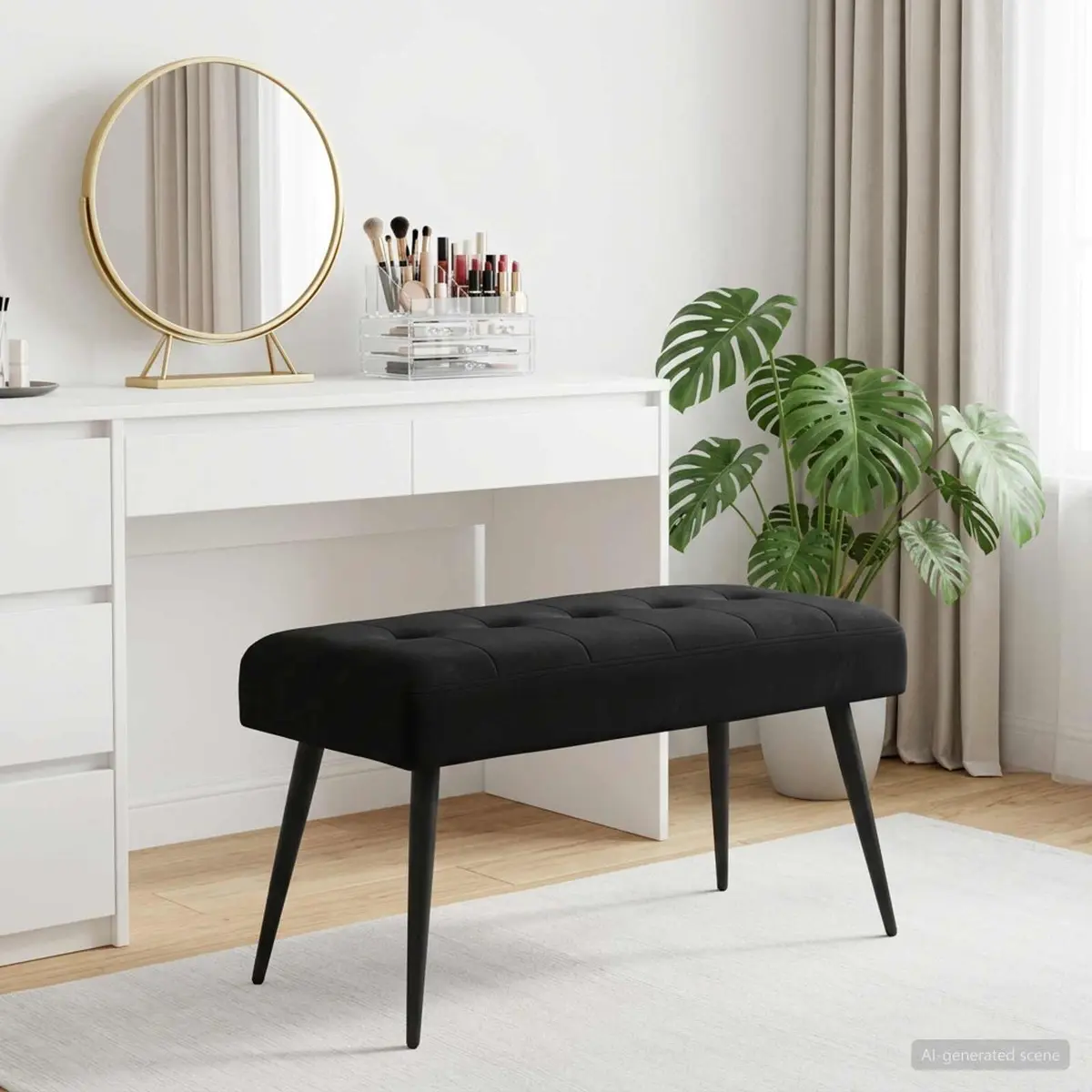 Button Tufted Bench Black Velvet Upholstery Modern Seating Living Room Bedroom