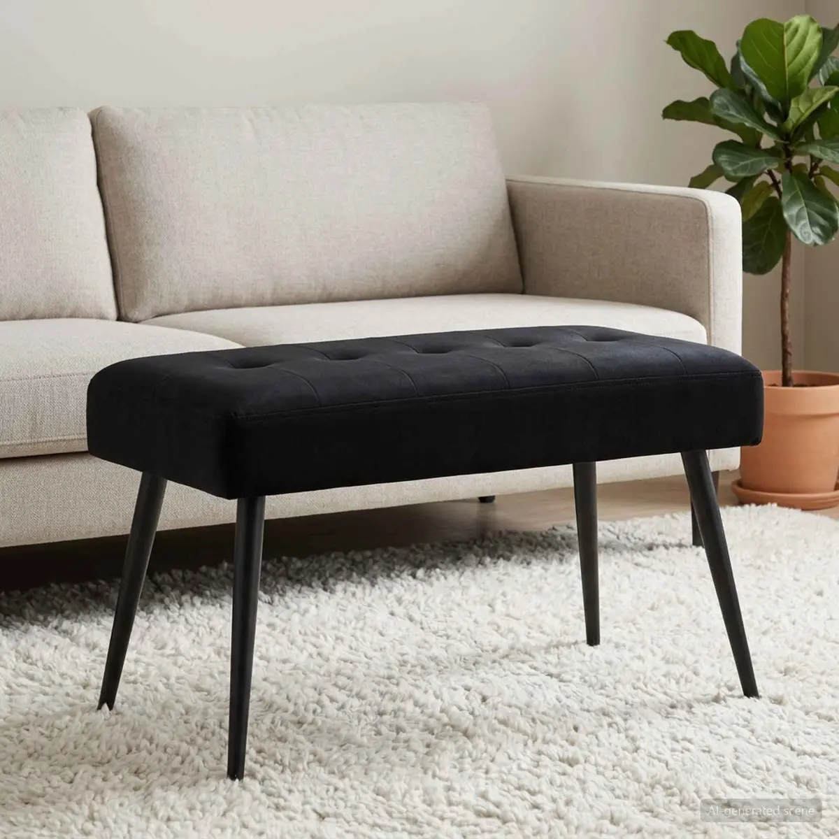 Button Tufted Bench Black Velvet Upholstery Modern Seating Living Room Bedroom