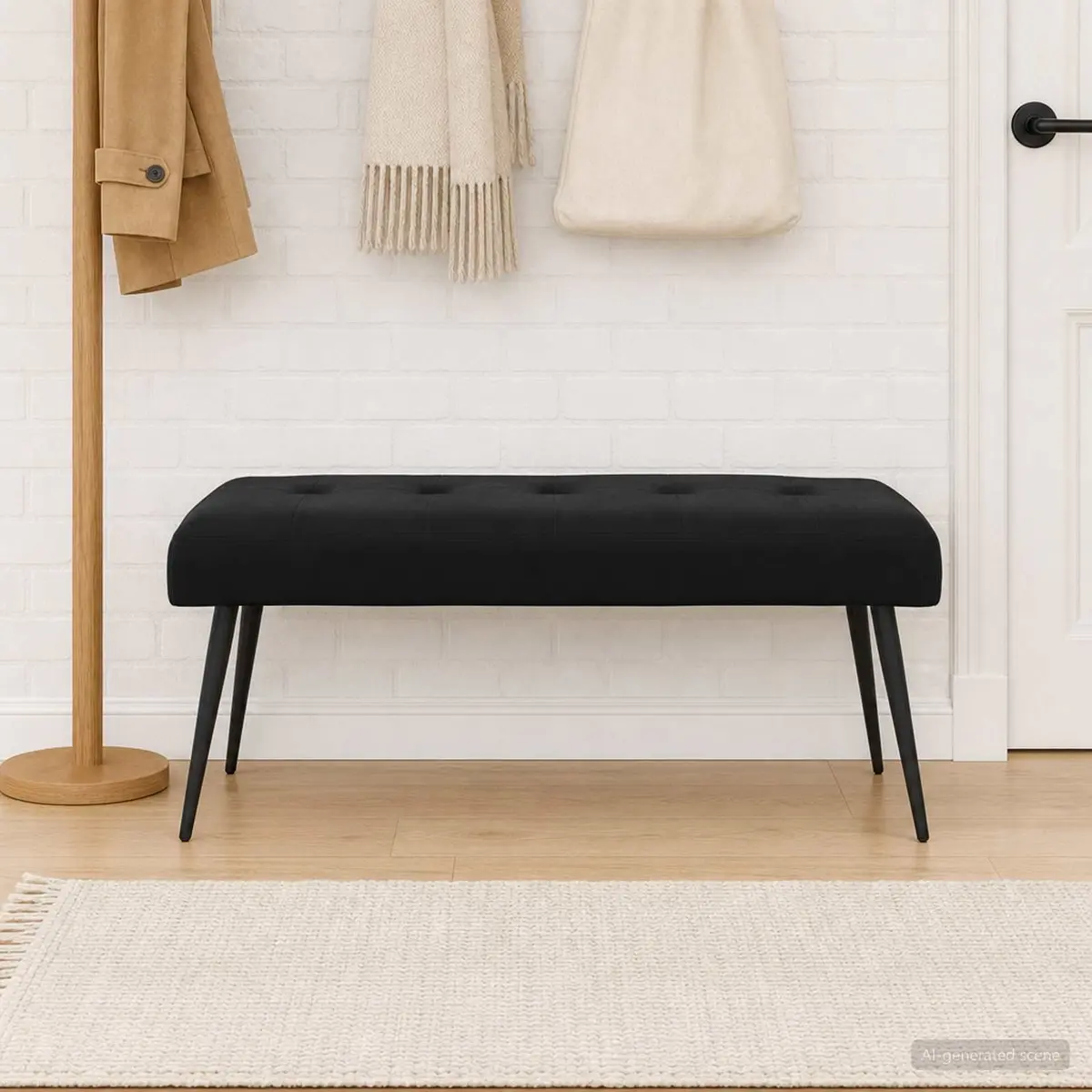 Button Tufted Velvet Bench Black Upholstered Indoor Furniture 110 x 40 x 46 cm Engineered Wood Frame Metal Legs Foam Cushion