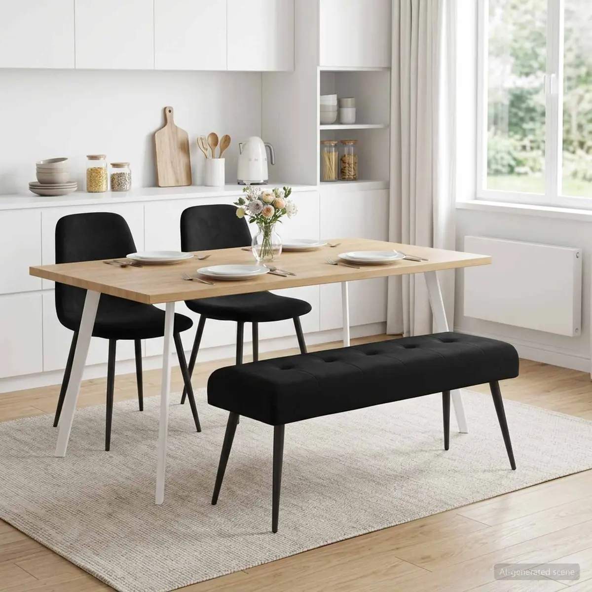Button Tufted Velvet Bench Black Upholstered Indoor Furniture 110 x 40 x 46 cm Engineered Wood Frame Metal Legs Foam Cushion
