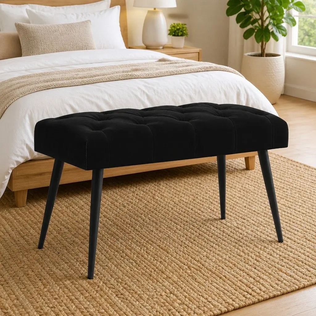 Black Velvet Button Tufted Bench with Foam Cushion