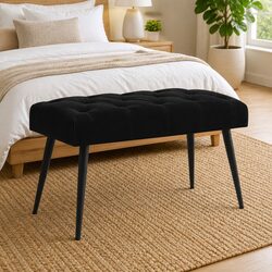 Elegant Black Velvet Button Tufted Bench with Foam Cushion