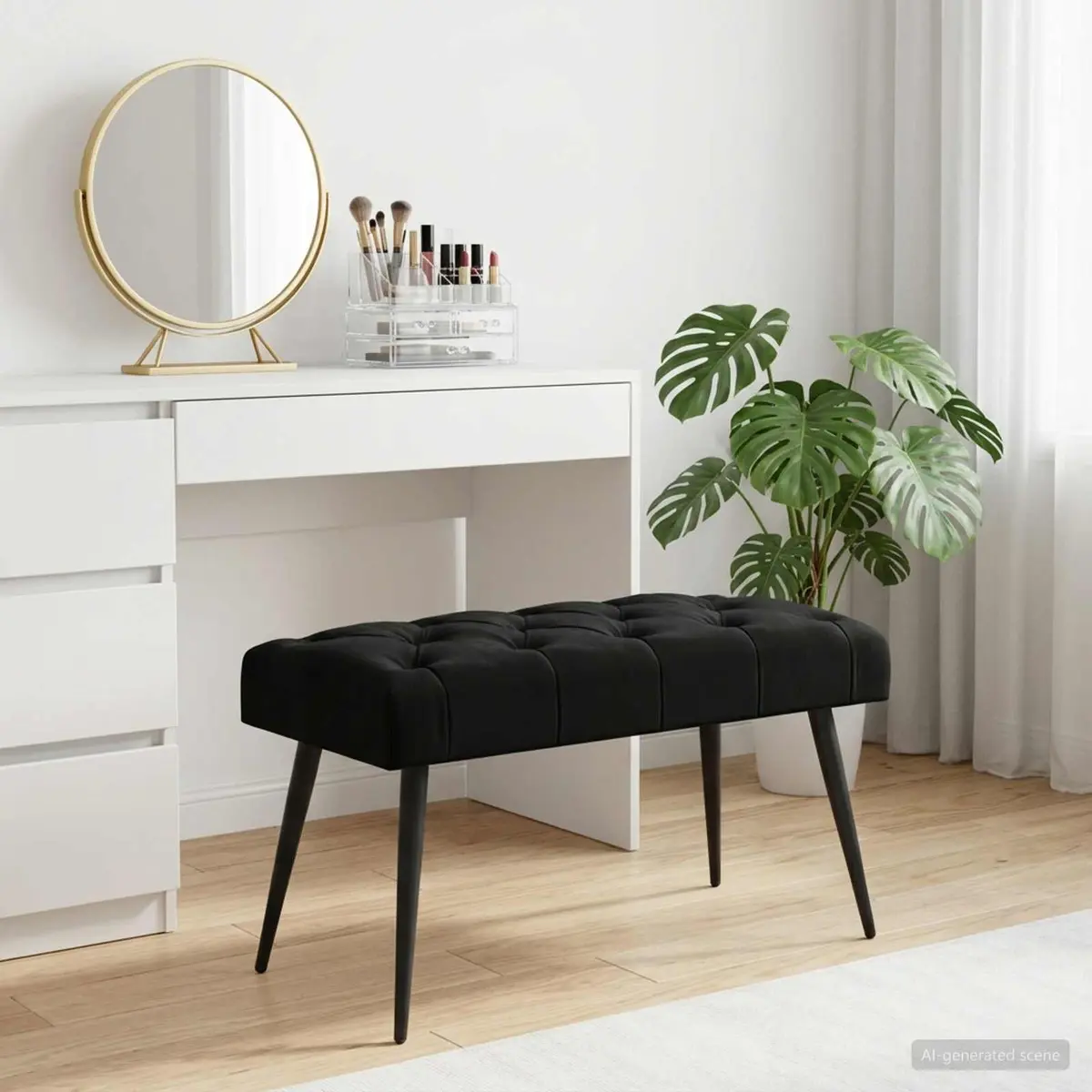 Button Tufted Bench Black Velvet Seat Foam Cushion Engineered Wood Frame