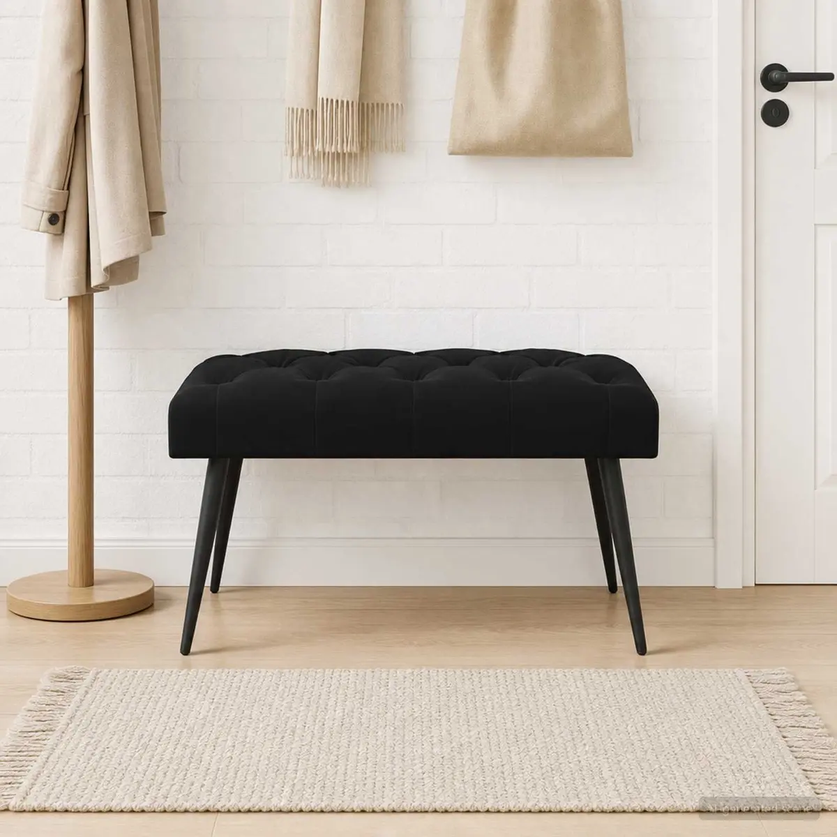 Button Tufted Bench Black Velvet Seat Foam Cushion Engineered Wood Frame