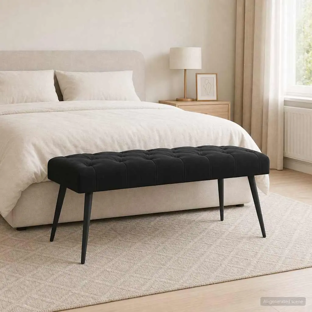 Button Tufted Velvet Bench Black Seat Ottoman Furniture 110 x 40 x 46 cm