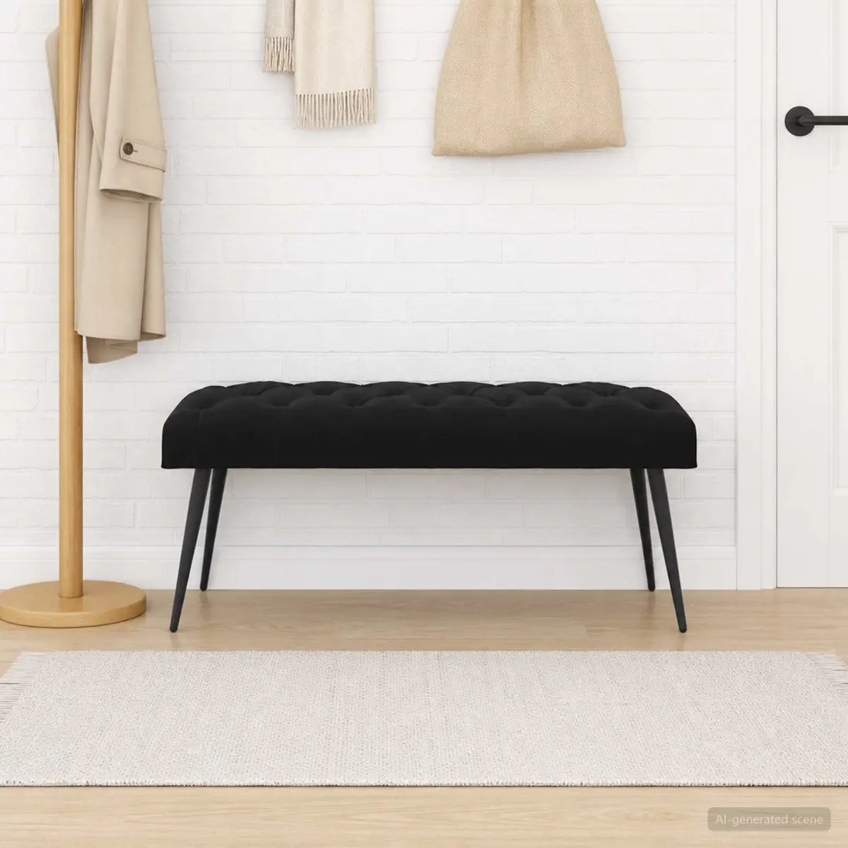Button Tufted Velvet Bench Black Seat Ottoman Furniture 110 x 40 x 46 cm