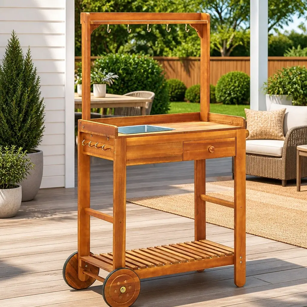 Garden Kitchen Trolley Solid Acacia Wood Brown 92 x 43.5 x 141.5 cm with Storage Drawer Shelf Hooks Wheels