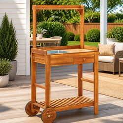 Acacia Wood Garden Kitchen Trolley with Storage & Wheels