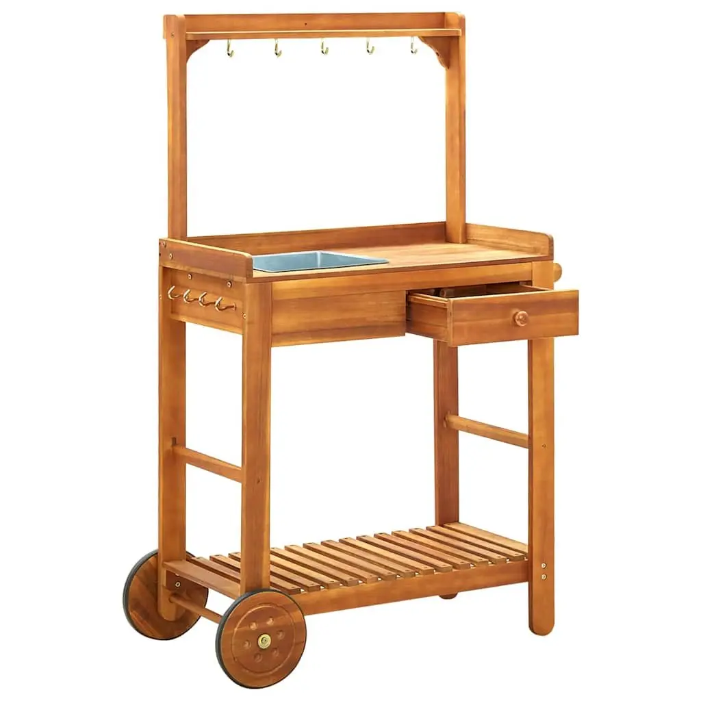 Garden Kitchen Trolley Solid Acacia Wood Brown 92 x 43.5 x 141.5 cm with Storage Drawer Shelf Hooks Wheels