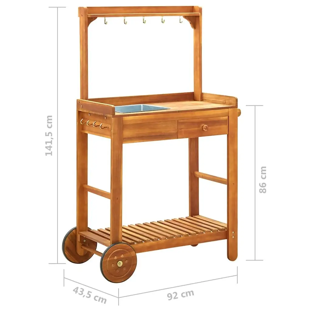 Garden Kitchen Trolley Solid Acacia Wood Brown 92 x 43.5 x 141.5 cm with Storage Drawer Shelf Hooks Wheels