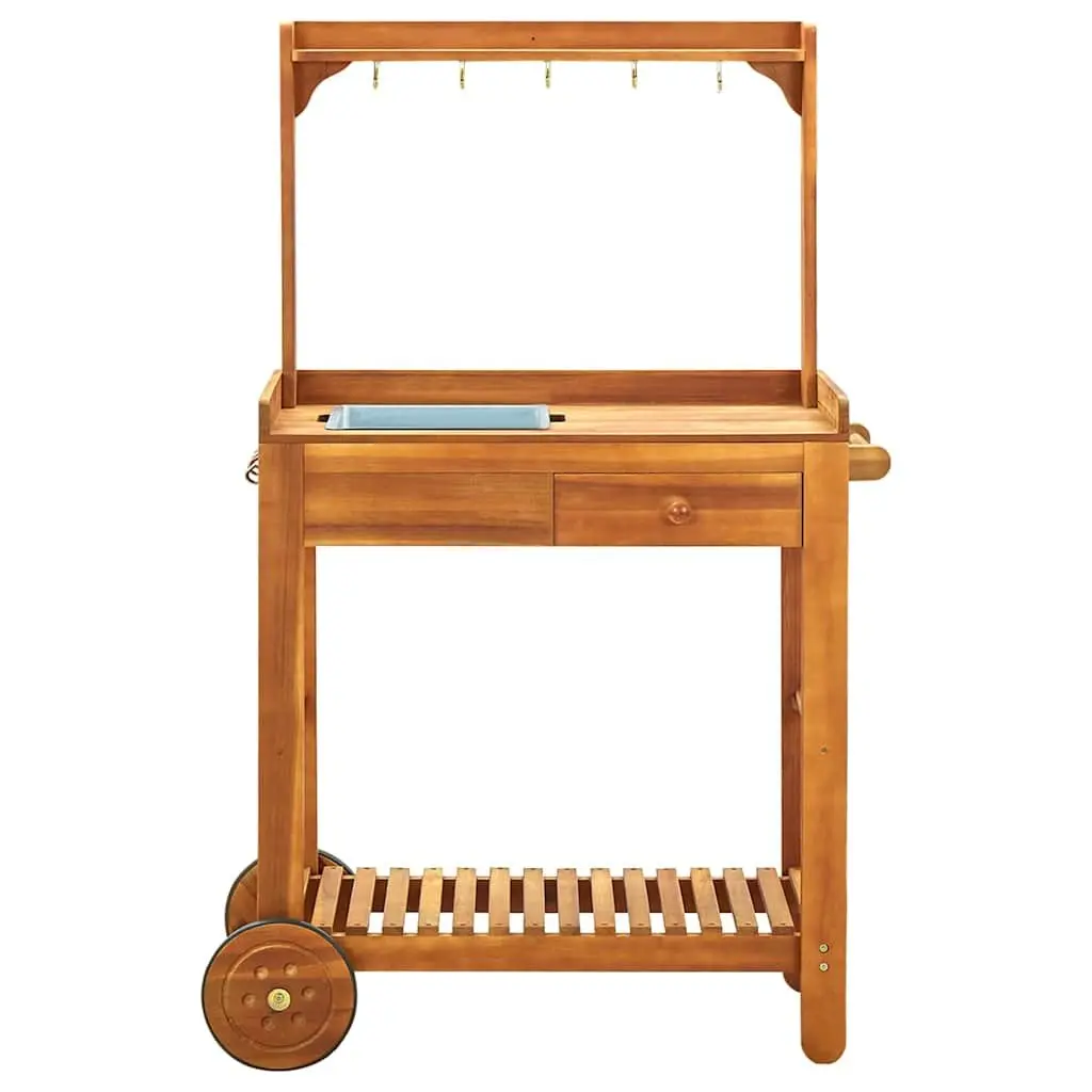 Garden Kitchen Trolley Solid Acacia Wood Brown 92 x 43.5 x 141.5 cm with Storage Drawer Shelf Hooks Wheels