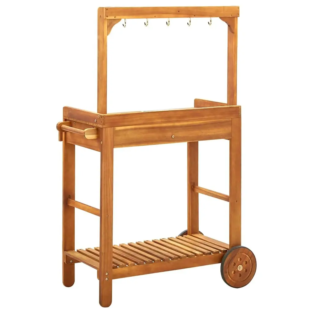 Garden Kitchen Trolley Solid Acacia Wood Brown 92 x 43.5 x 141.5 cm with Storage Drawer Shelf Hooks Wheels