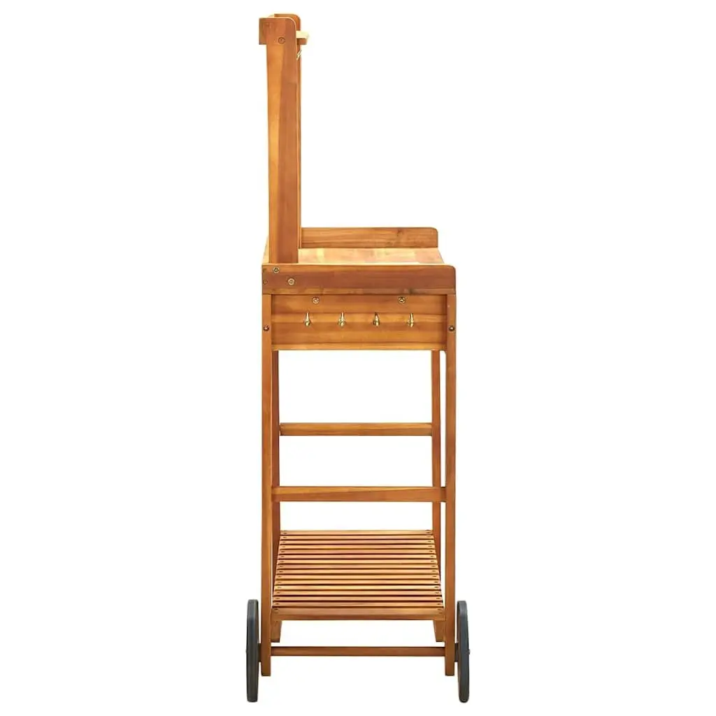 Garden Kitchen Trolley Solid Acacia Wood Brown 92 x 43.5 x 141.5 cm with Storage Drawer Shelf Hooks Wheels