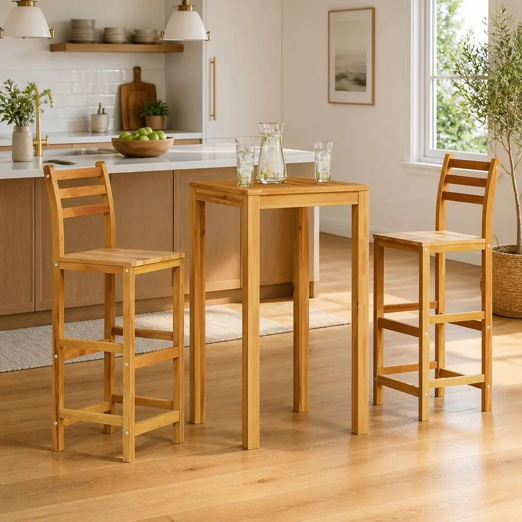 Outdoor Bar Stools Set of 2 Brown Solid Acacia Wood with Backrest and Footrest