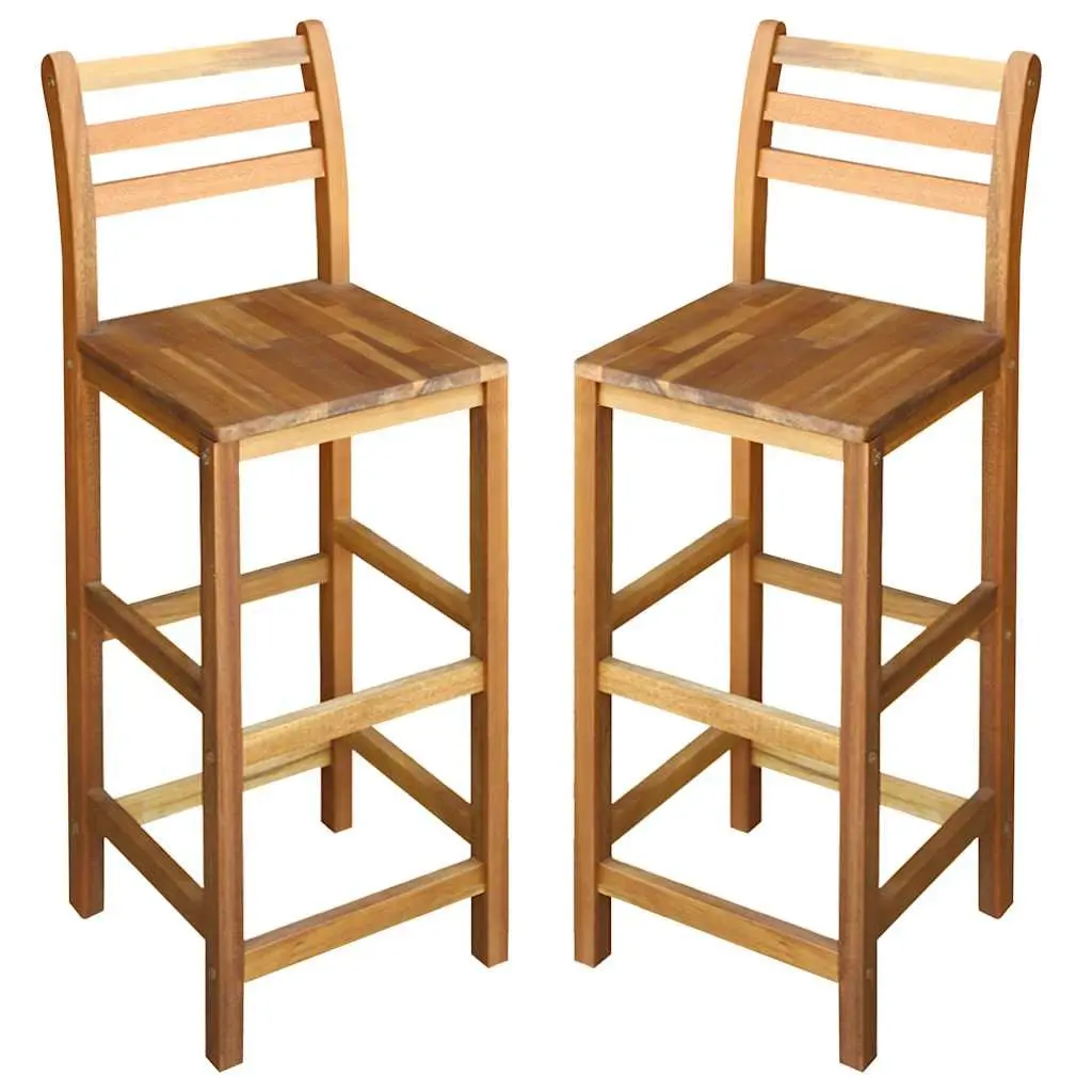 Outdoor Bar Stools Set of 2 Brown Solid Acacia Wood with Backrest and Footrest