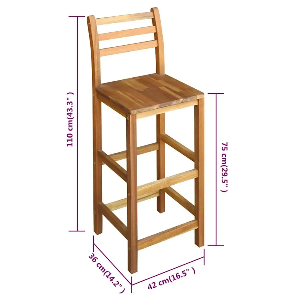 Outdoor Bar Stools Set of 2 Brown Solid Acacia Wood with Backrest and Footrest