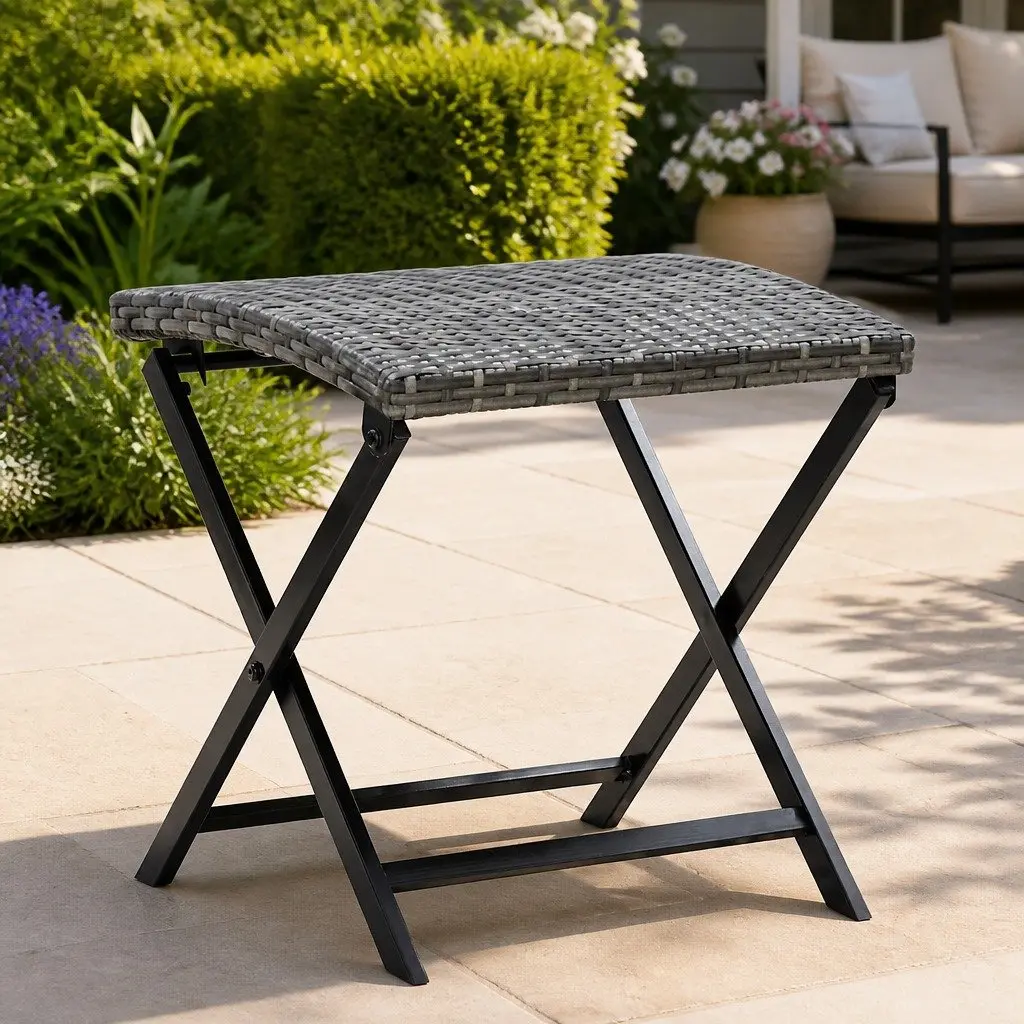 Folding Stool Grey Rattan Seat Lightweight Portable Powder-coated Steel Frame