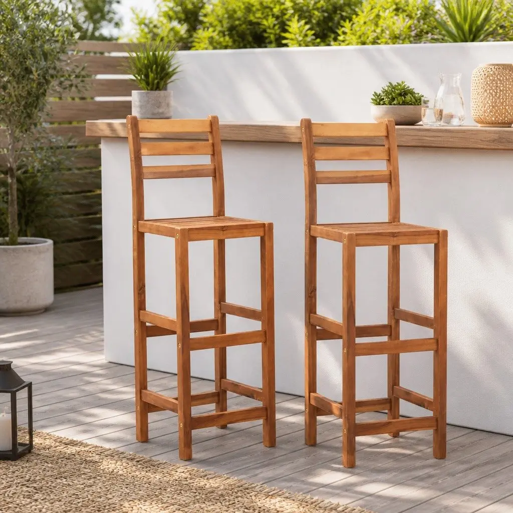 Bar Stools Acacia Wood Outdoor Kitchen Dining Seating Set 2 pcs