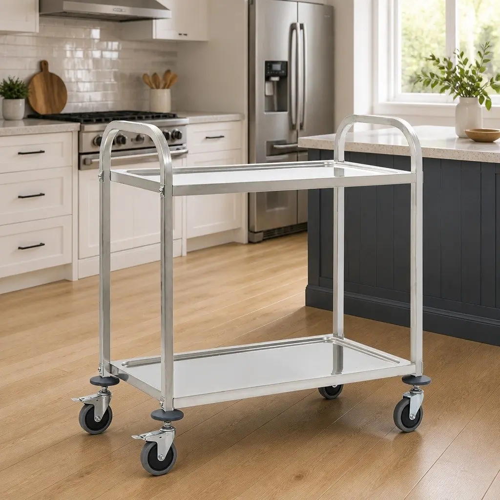 2-Tier Stainless Steel Kitchen Trolley with Castors