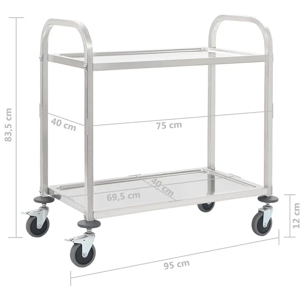 2-Tier Kitchen Trolley Stainless Steel Service Cart Rolling Utility Serving Tray