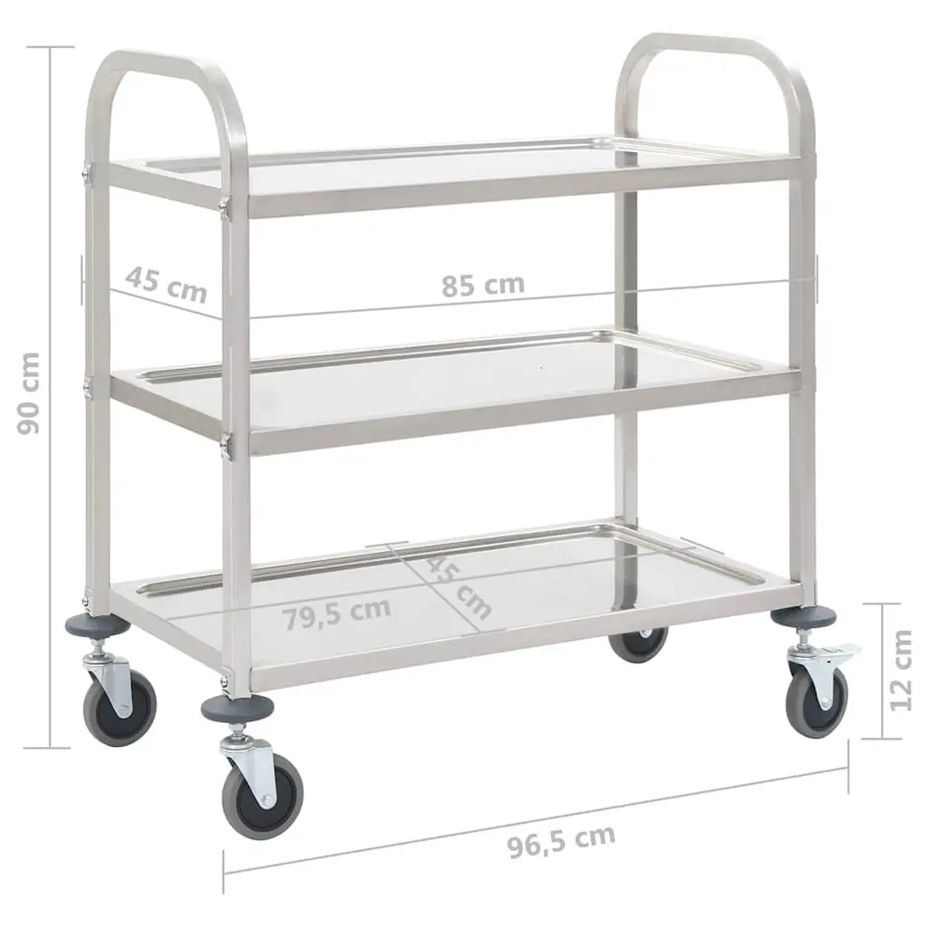 3-Tier Kitchen Trolley Stainless Steel Rolling Cart Silver 96.5 x 55 x 90 cm