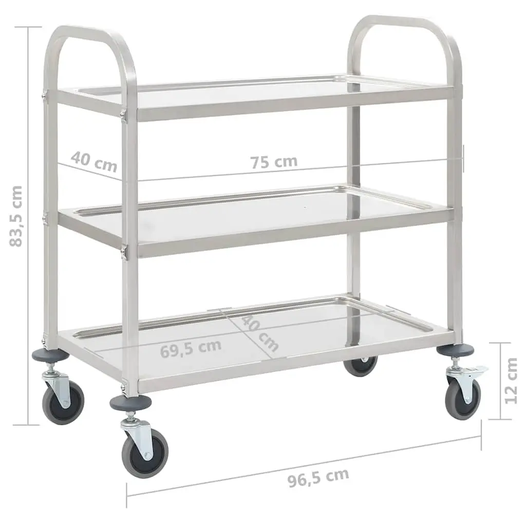 3-Tier Kitchen Trolley Stainless Steel Service Cart Rolling Castors Brakes