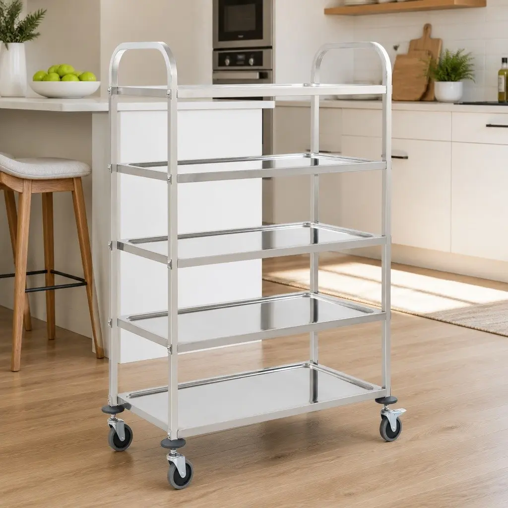 5-Tier Stainless Steel Rolling Serving Cart Kitchen Trolley Storage Silver