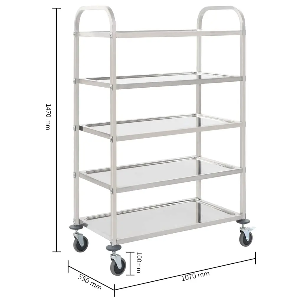 5-Tier Stainless Steel Rolling Serving Cart Kitchen Trolley Storage Silver