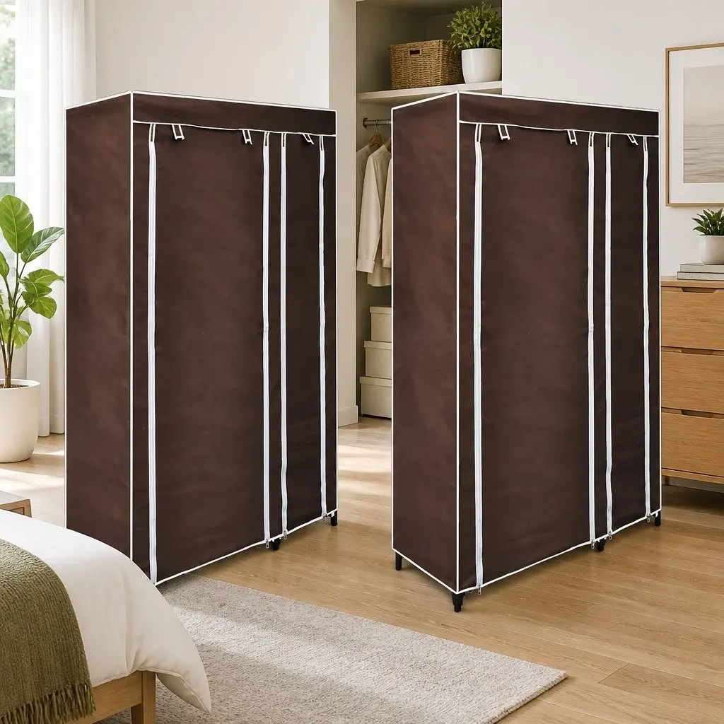 Fabric Folding Wardrobes Brown 2 Piece Portable Storage Closet Fleece Fabric Steel Frame