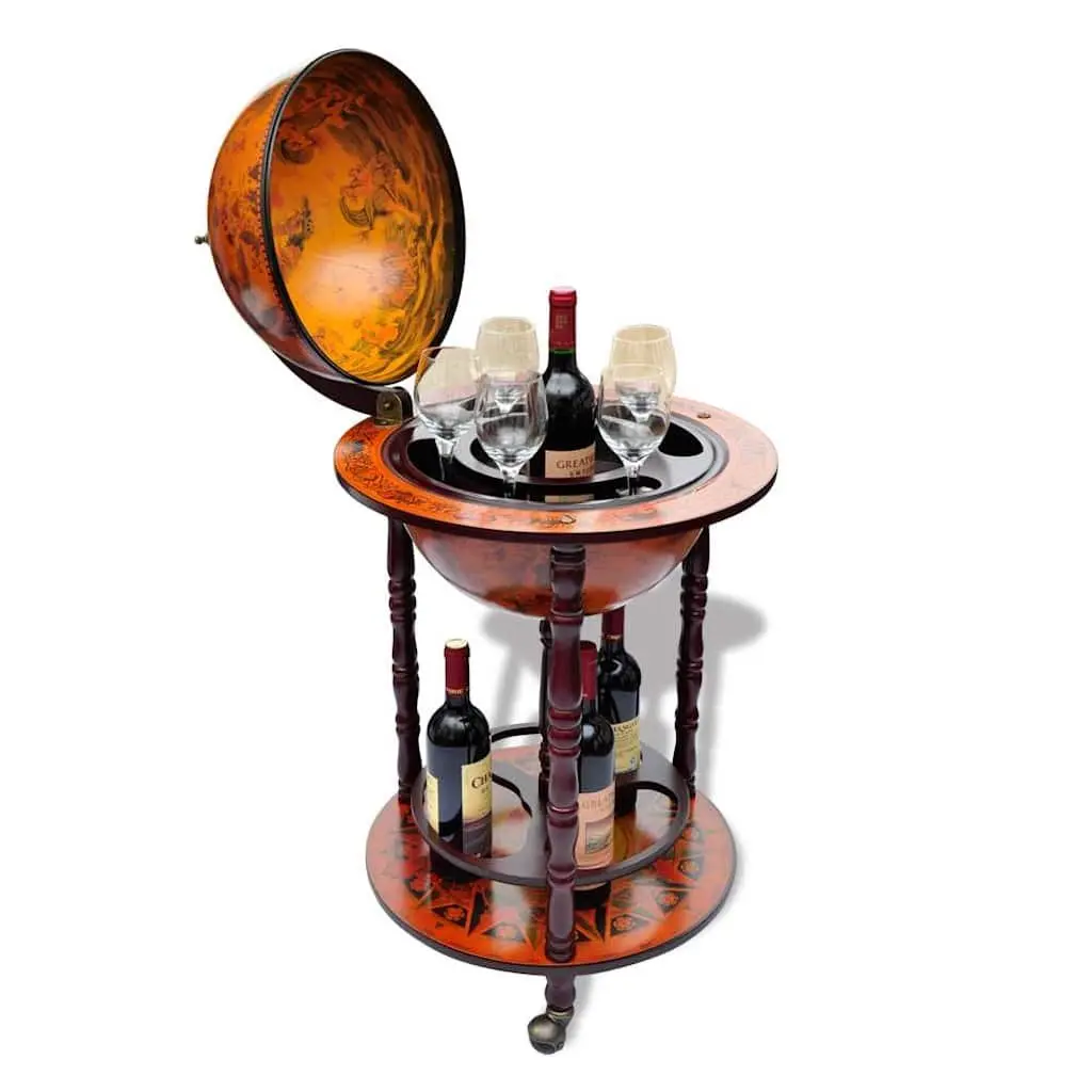 Wooden Globe Bar Wine Stand Storage Cabinet with Bottle Glass Holders on Wheels
