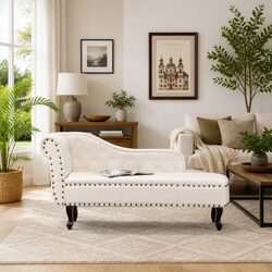 Cream White Faux Leather Chaise Longue with Wood Legs