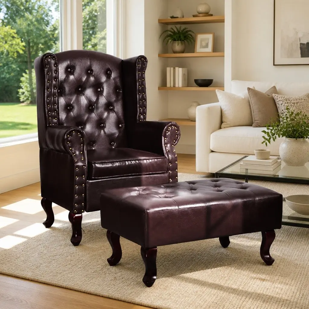 Chesterfield Armchair Dark Brown Faux Leather with Footstool