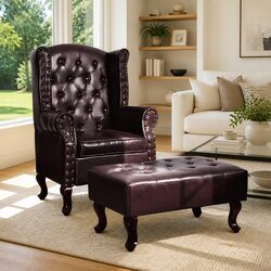 Chesterfield Design Armchair with Footstool in Brown
