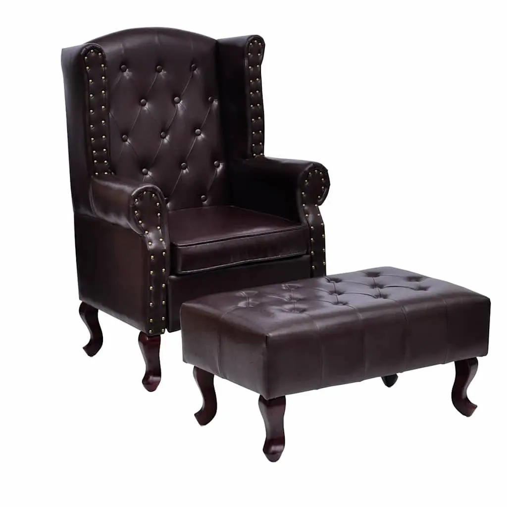 Chesterfield Armchair Dark Brown Faux Leather with Footstool