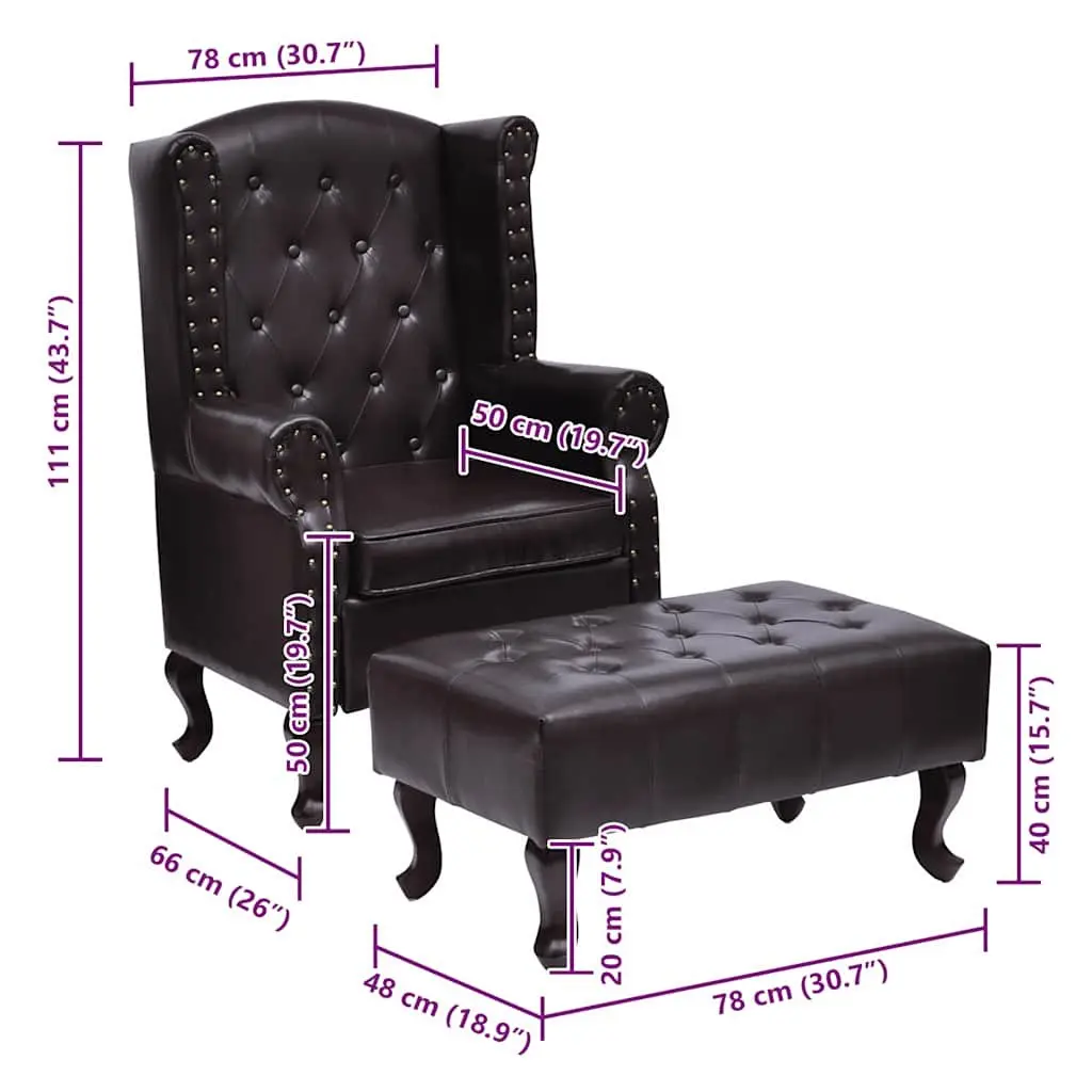 Chesterfield Armchair Dark Brown Faux Leather with Footstool