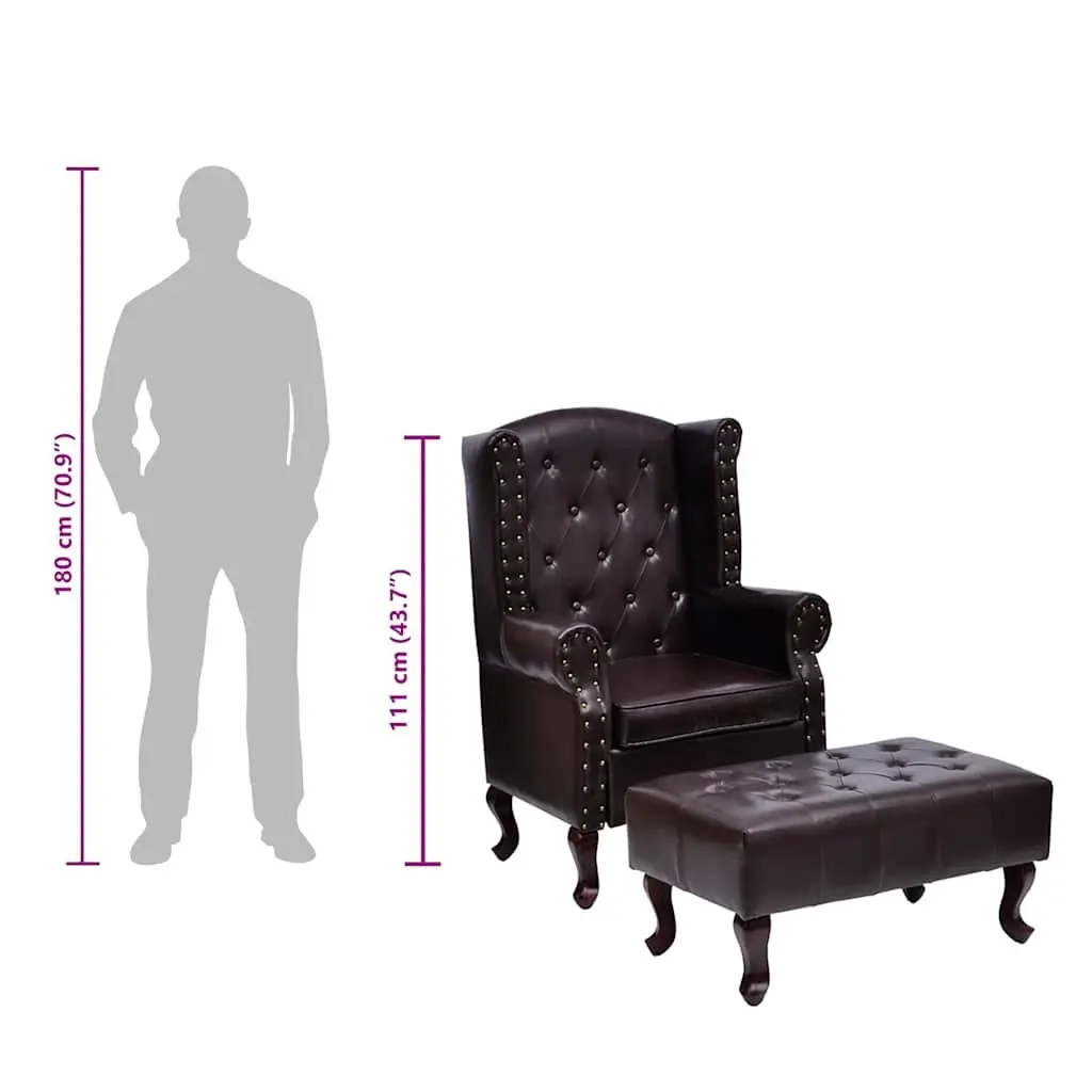 Chesterfield Armchair Dark Brown Faux Leather with Footstool