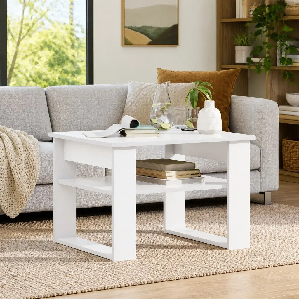 Coffee Table White Rectangular Modern Engineered Wood with Storage