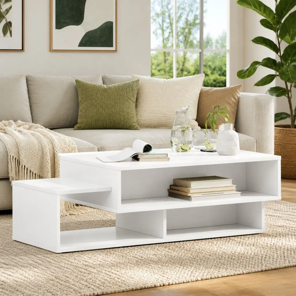 White Modern Coffee Table with Storage Shelves